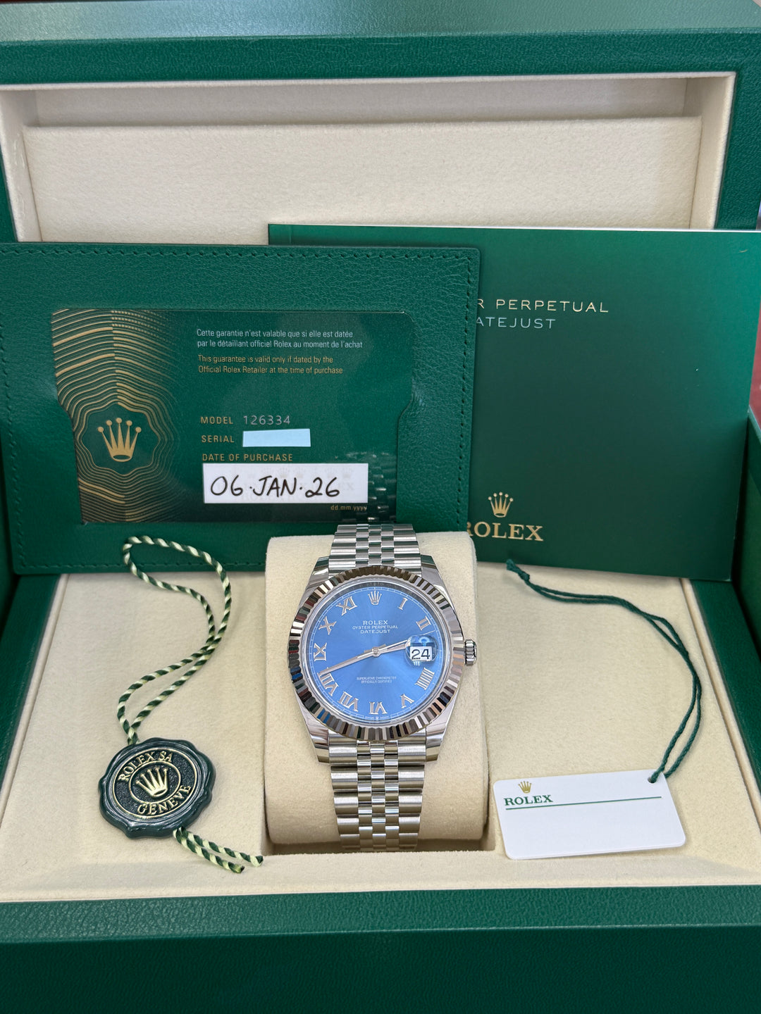 Rolex Datejust 41mm Stainless Steel Fluted Jubilee Blue Azzurro Dial - 126334