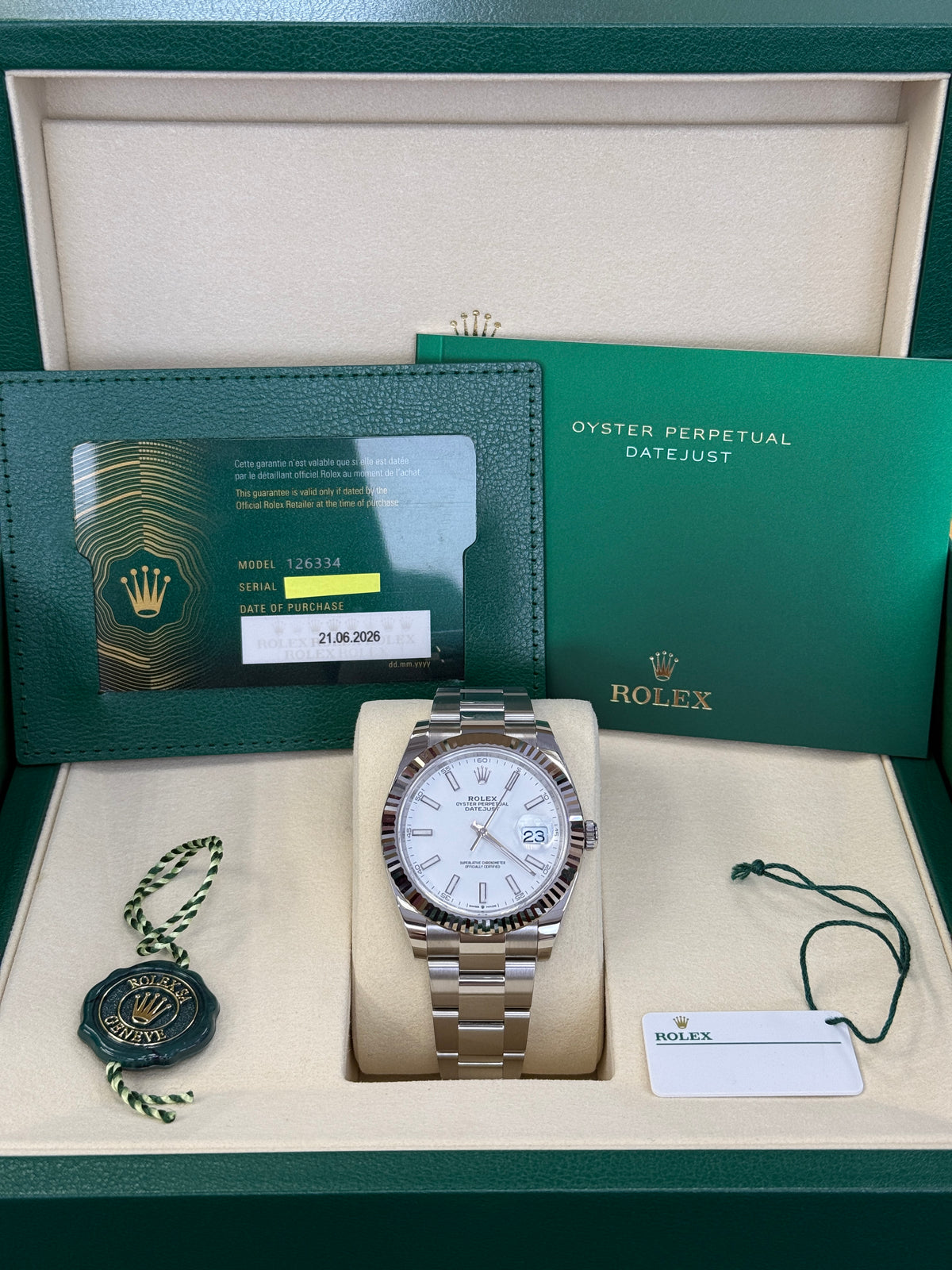 Rolex datejust 41mm white index dial stainless steel oyster   126334