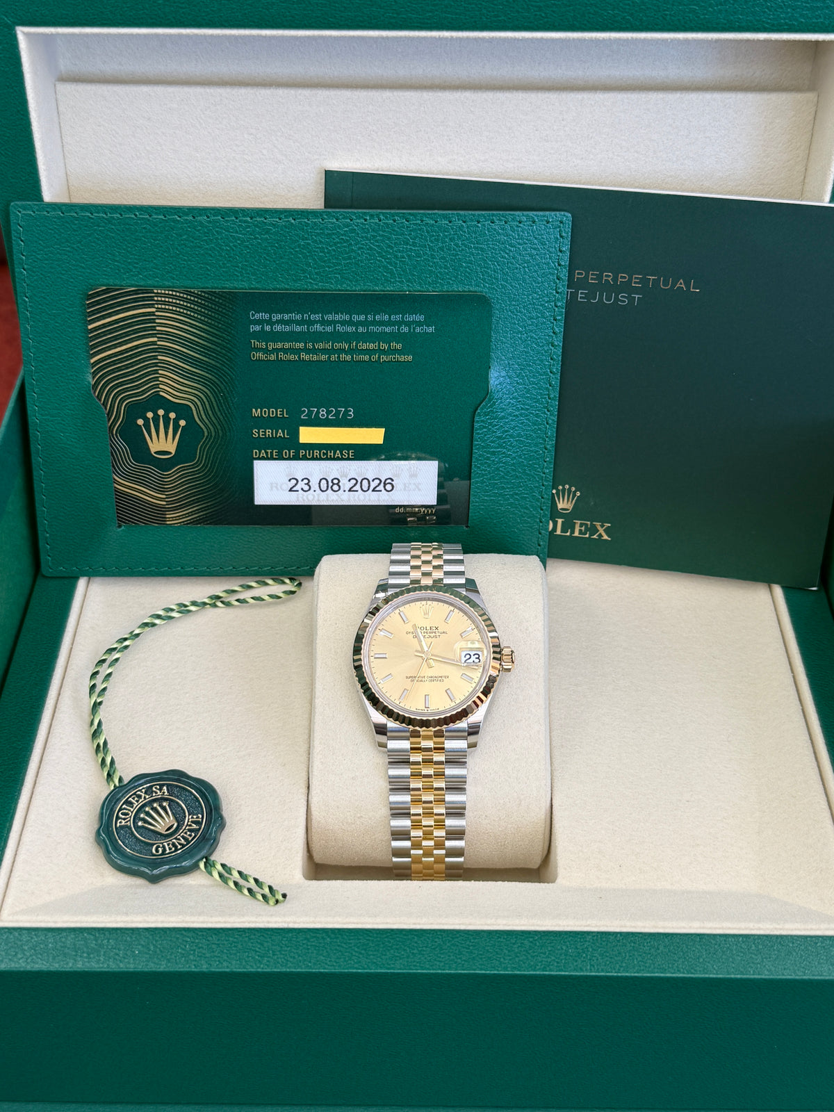 Rolex datejust 31mm two tone yellow fluted jubilee champagne stick dial   278273