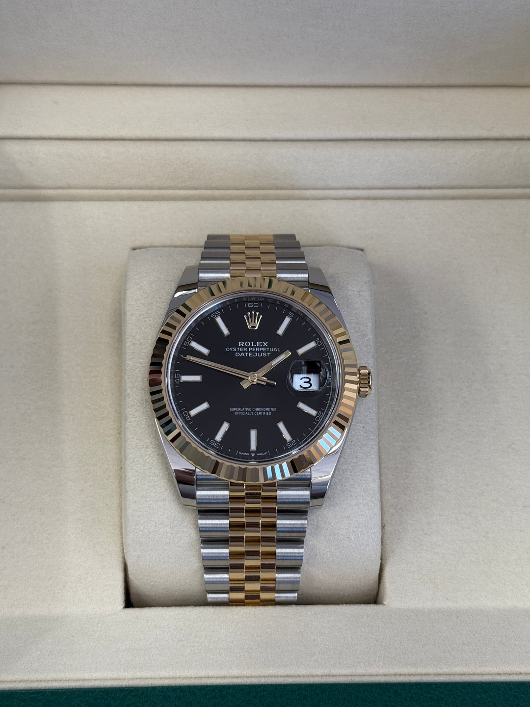 Rolex Datejust 41mm Two-Tone Yellow Fluted Jubilee Black Index Dial