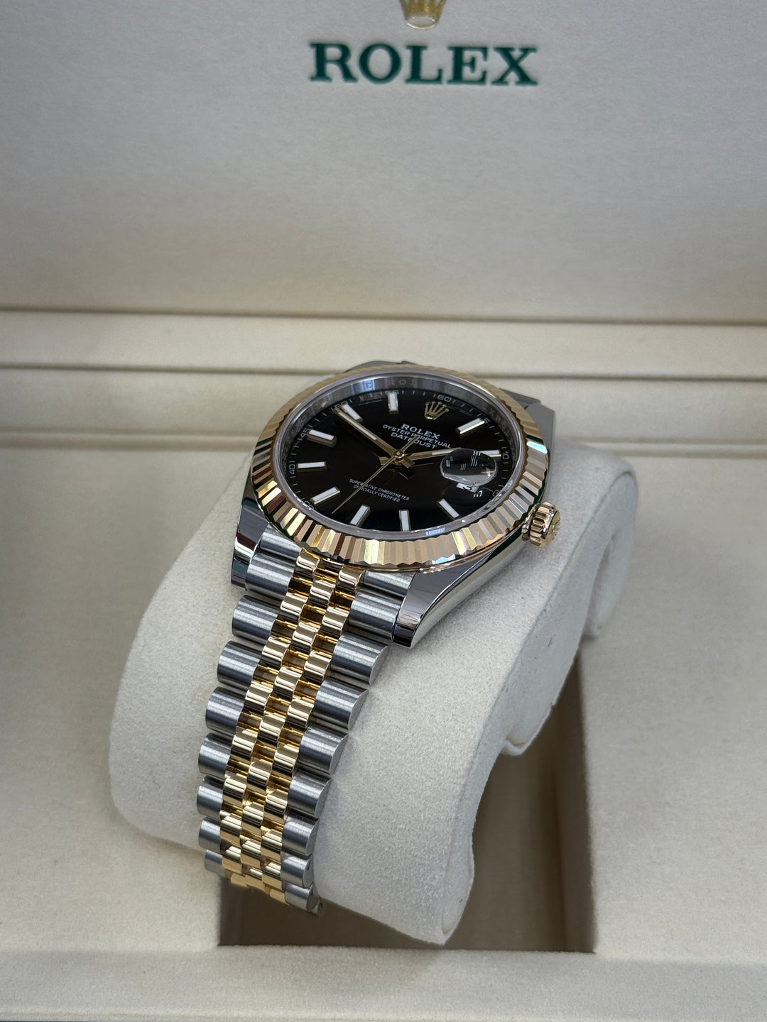 Rolex Datejust 41mm Two-Tone Yellow Fluted Jubilee Black Index Dial