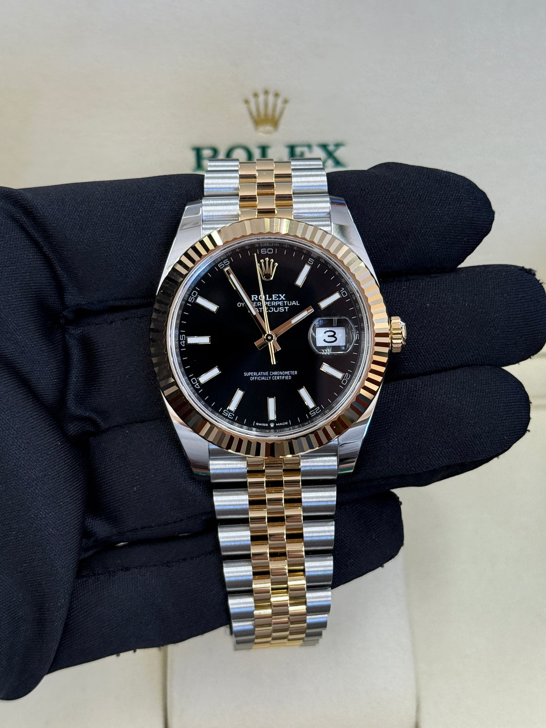 Rolex Datejust 41mm Two-Tone Yellow Fluted Jubilee Black Index Dial