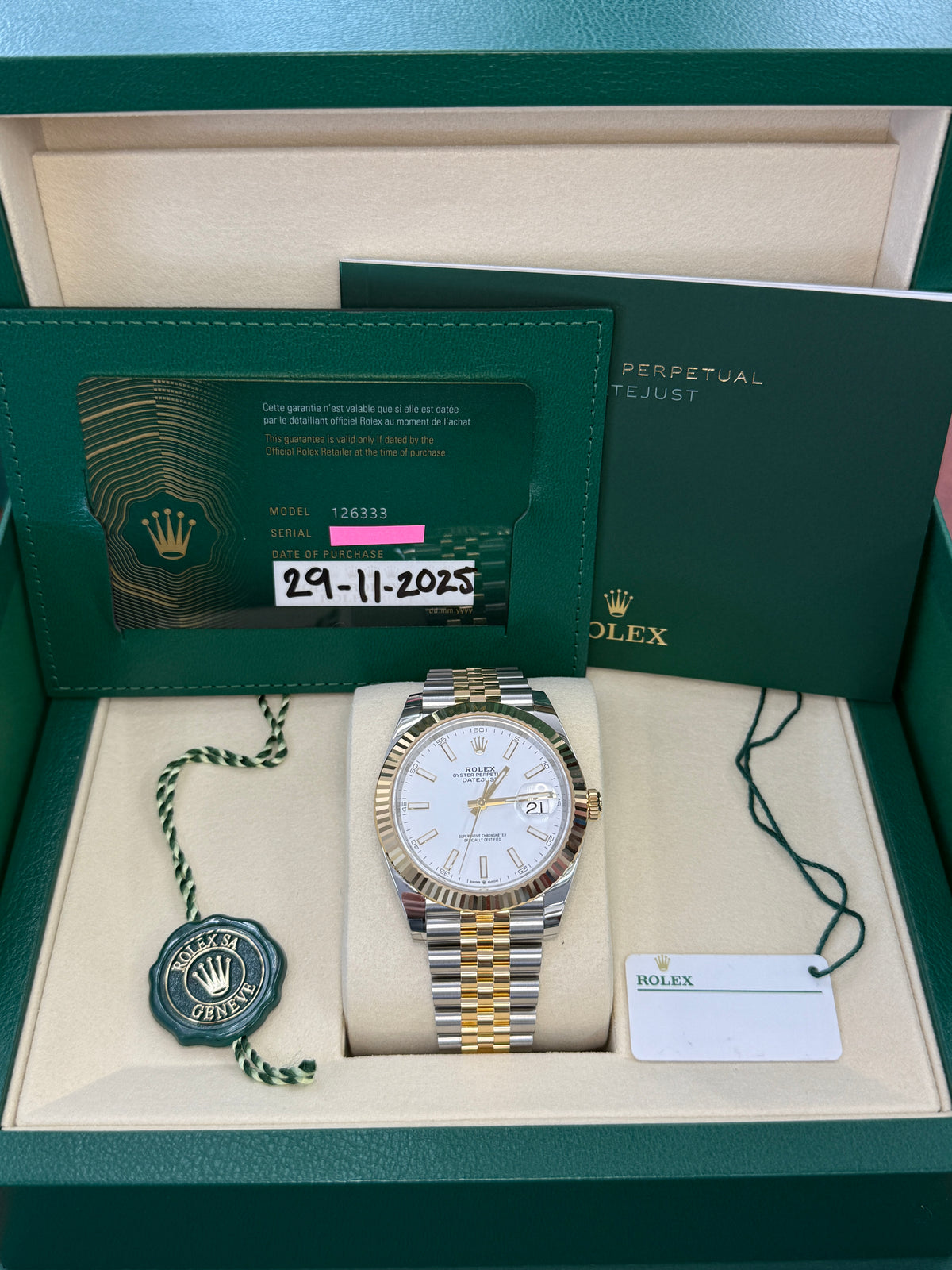 Rolex datejust 41mm two tone yellow fluted jubilee white index dial   126333