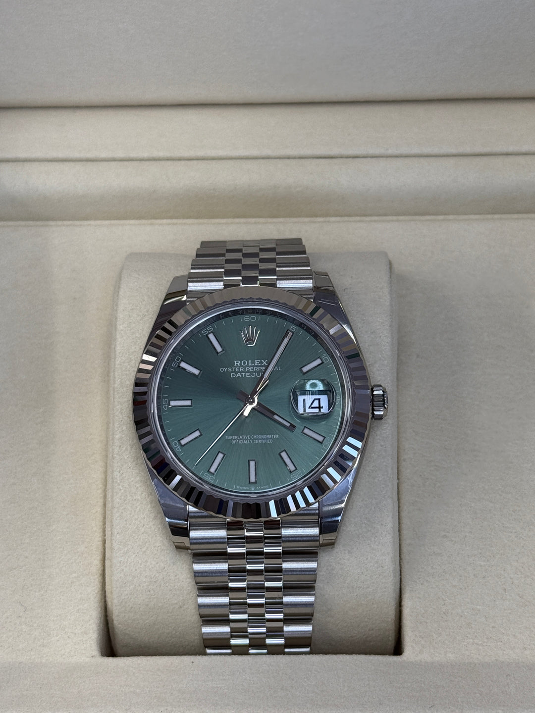 Rolex Datejust 41mm Stainless Steel Fluted Jubilee Mint Green Stick Dial - 126334