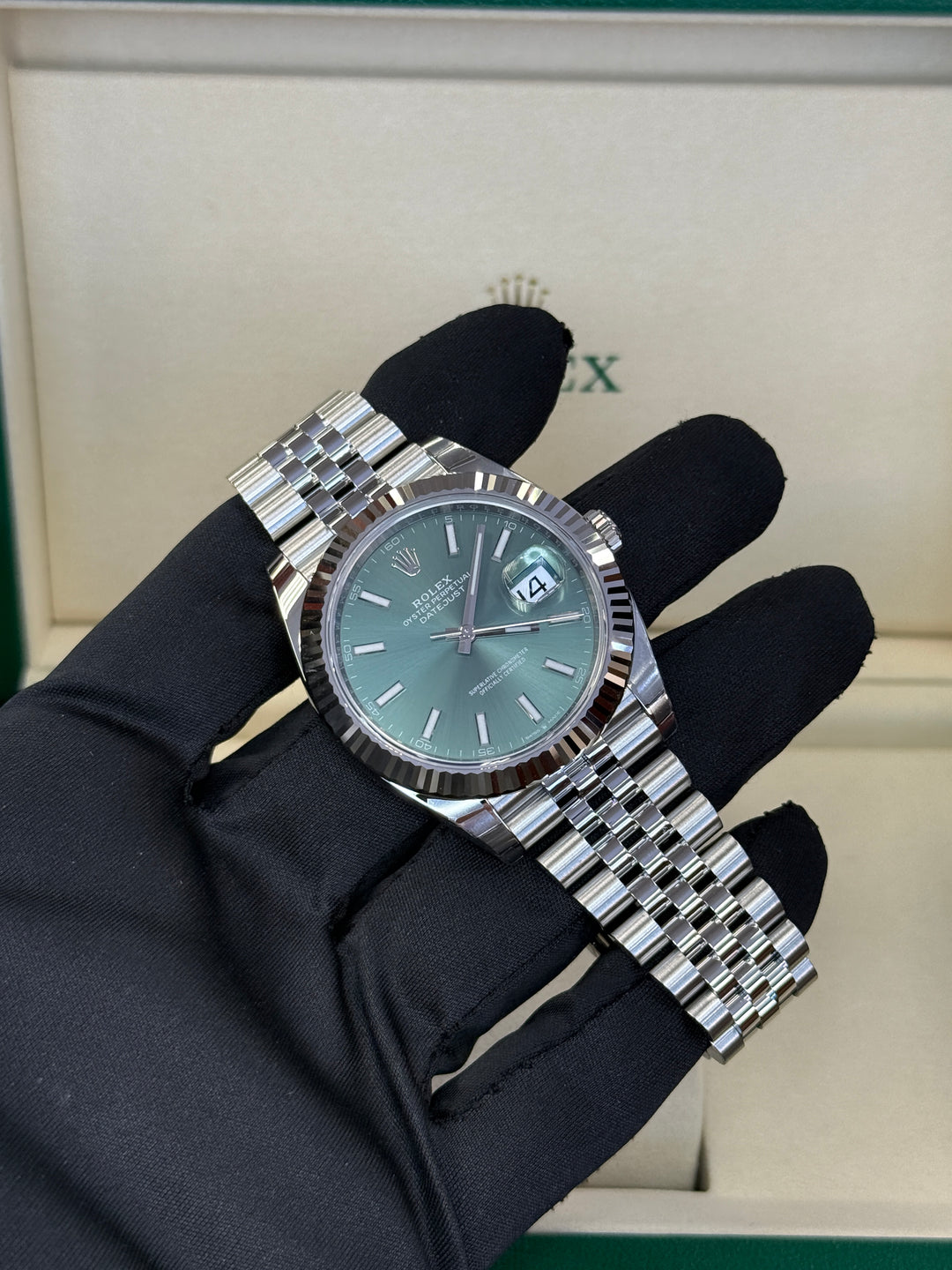 Rolex Datejust 41mm Stainless Steel Fluted Jubilee Mint Green Stick Dial - 126334