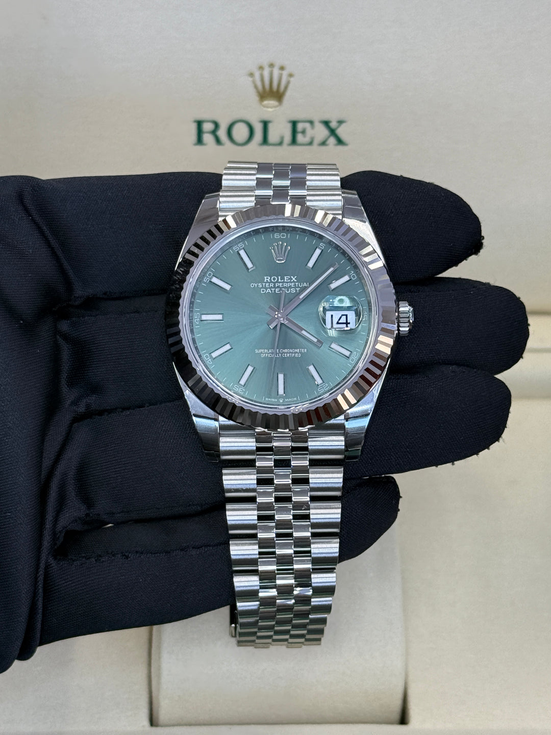 Rolex Datejust 41mm Stainless Steel Fluted Jubilee Mint Green Stick Dial - 126334